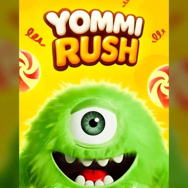 Portada de Yommi Rush con personajes Yommi y símbolos Wild.