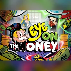 Portada de Eye on the Money con símbolos de dinero, Collect y Jackpot.