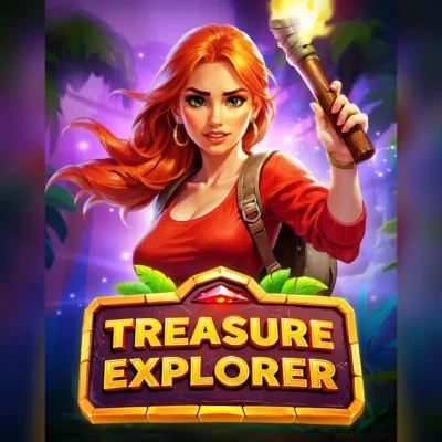 Portada de Treasure Explorer con un mapa de multiplicadores y símbolos de exploración.