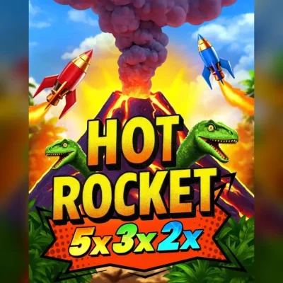 Portada de HOT ROCKET 5x 3x 2x con cohetes, rodillos y símbolos jackpot.